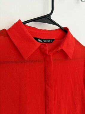Zara Orange Sheer Button Down Shirt Size S